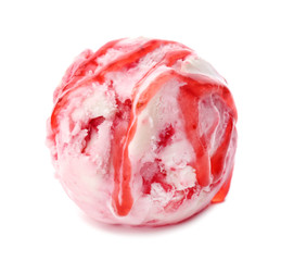 Delicious ice-cream with raspberry jam on white background