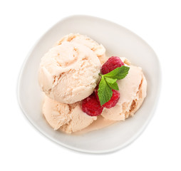 Bowl with delicious raspberry ice-cream on white background
