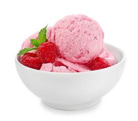 Bowl with delicious raspberry ice-cream on white background