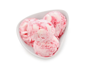 Bowl with delicious raspberry ice-cream on white background