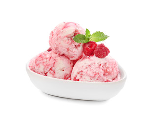 Bowl with delicious raspberry ice-cream on white background