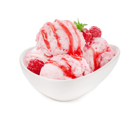 Bowl with delicious raspberry ice-cream on white background
