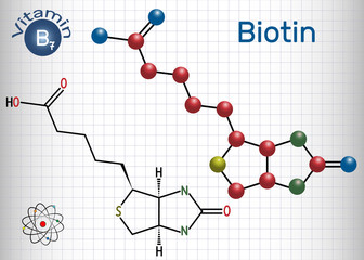 Biotin (vitamin B7). Structural chemical formula and molecule model. Sheet of paper in a cage
