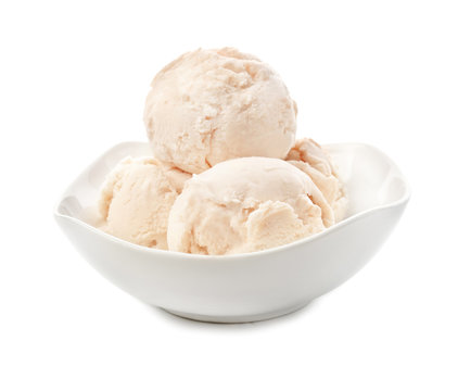 Bowl with delicious ice-cream on white background