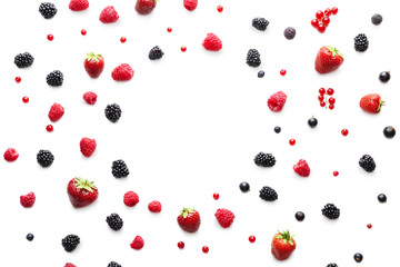 Delicious ripe berries on white background, top view