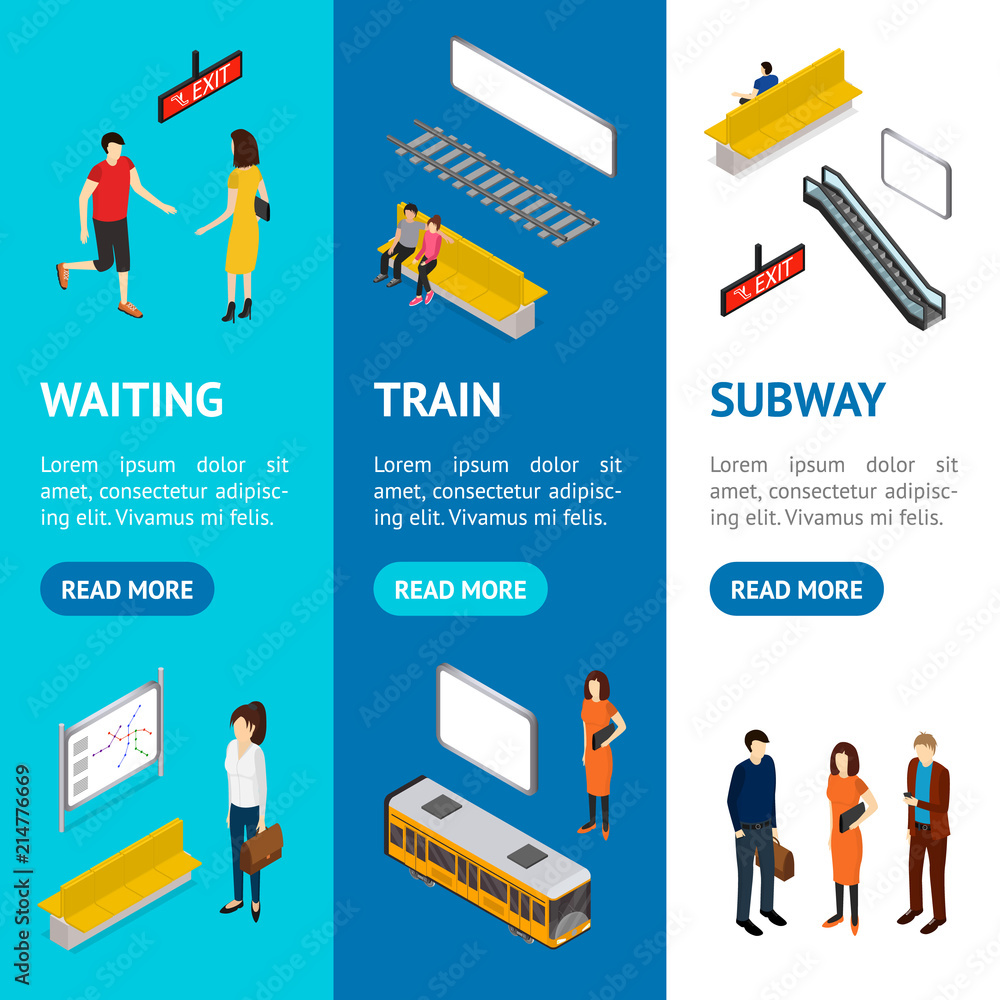 Poster Subway Station Banner Vecrtical Set Isometric View. Vector