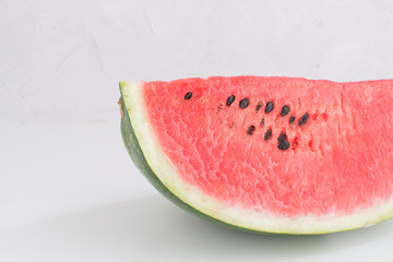 Fototapeta na wymiar Fresh red watermelon slice Isolated White background Selective focus Copy space Perspective Summer concept