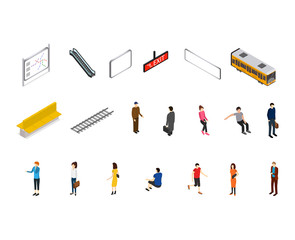 Subway Station Icons Isometric View. Vector