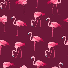 Cartoon Pink Flamingo Bird Seamless Pattern Background. Vector