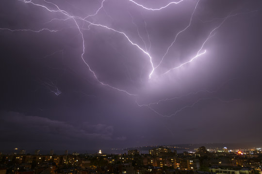 Storm over Varna, Bulgaria, with lightnings and flashes.