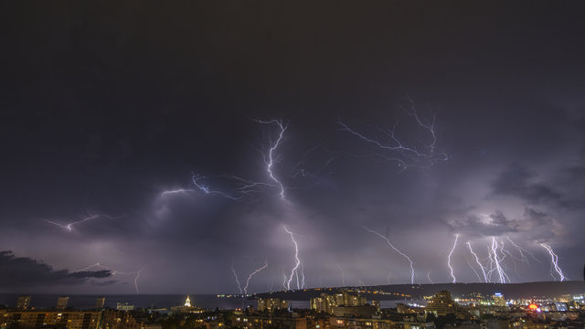 Storm over Varna, Bulgaria, with lightnings and flashes.