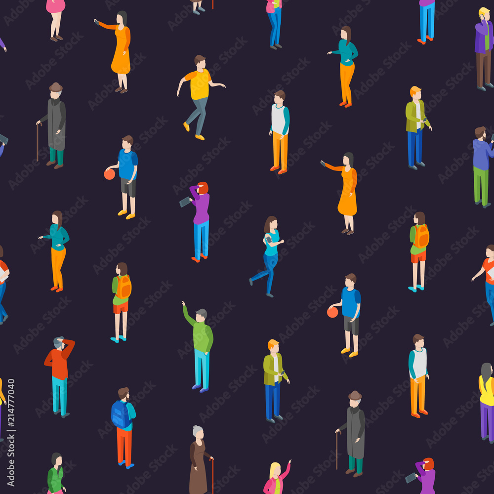 Poster people characters seamless pattern background isometric view. vector