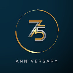 75 Years Anniversary Logotype with  Gold and Silver Multi Linear Number in a Golden Circle , Isolated on Dark Background