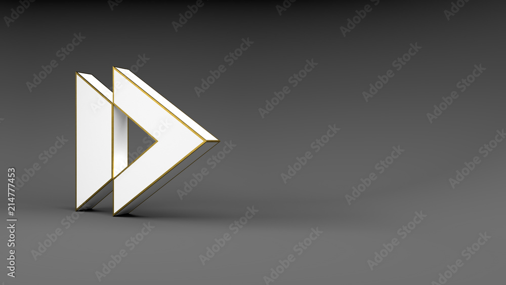 Poster logo arrow button on gray background with gold edging and soft shadows. 3d rendering.