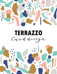 Terrazzo card template. Vector abstract background with chaotic stains. Collage design. Vector illustration.