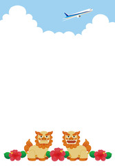 Sisa of Okinawa in Japan and an airliner flying in the sky