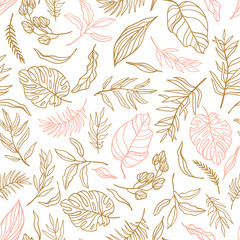 Vector elegant seamless background with foliage. Wedding endless  pattern in pink and gold colors. Leaves in line art style.