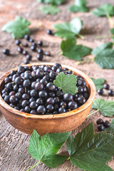 Bowl of blackcurrant on the wooden board