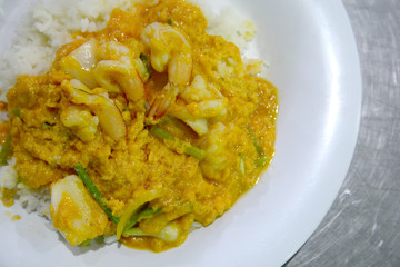 Stir fired curry with prawn on rice Thai food style, curry with shrimp with rice Thai cuisine