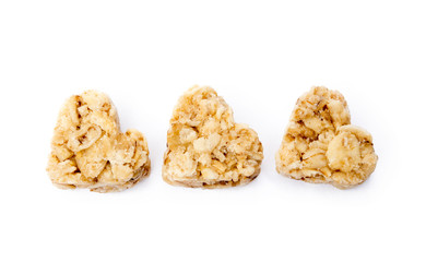 Oatmeal heart dessert isolated on white background
