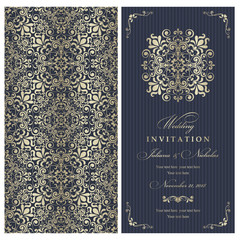 Wedding invitation cards  baroque style blue and gold. Vintage  Pattern. Retro Victorian ornament. Frame with flowers elements. Vector illustration.