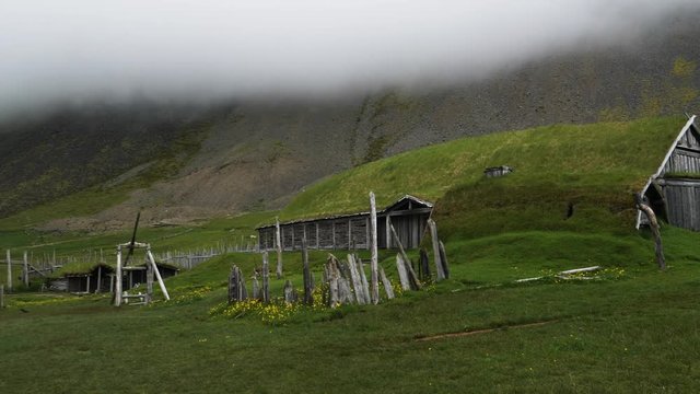old viking village with wood houses and grass roof.