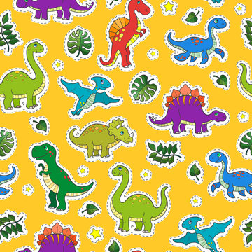 Seamless pattern with colorful dinosaurs and leaves,patch icons on yellow  background