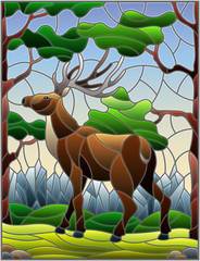 Illustration in stained glass style with wild deer on the background of trees, mountains and sky