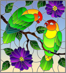 Illustration in stained glass style  with pair of birds parrots lovebirds on branch  tree with purple flowers against the sky