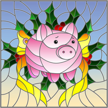Illustration in stained glass style with abstract pink piggy Bank and Holly branches on blue background, square image