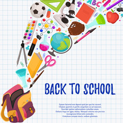 Hand drawn school objects flying out of backpack composition. Vector illustration of school accessories on notepad squared sheet. Back to school.