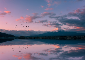Mount fuji at lake Kawaguchi in the morning time, Japan