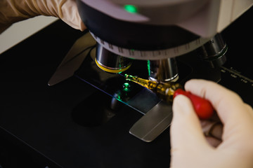 The laboratory assistant examines the sample under a microscope. The hand in the medical glove...