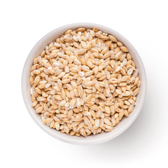 Wheat grains in bowl on white background