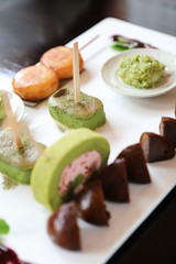 Japanese dessert mix on wood background