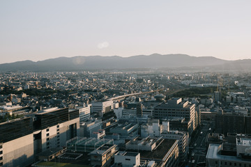 cityscape of Kyoto with sunrise in film vintage style