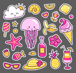 Cute jellyfish and pineapple, banana and cocktail, sea shell and tropical flowers and sun, happy cloud, fish, ice cream and sunglasses. Set of summer stickers, patches, badges and pins. Vector