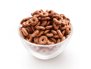 Chocolate corn rings in bowl isolated on white