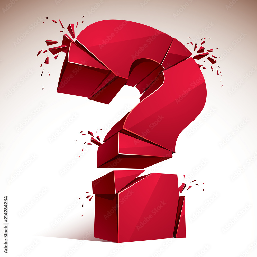 Poster broken question mark exploding, query breaking to pieces, vector 3d realistic illustration. special 