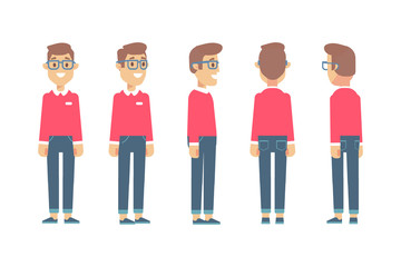 Young man, Hipster constructor. Front, side, back, 3/4 view animated character. Flat vector illustration.