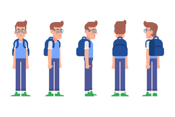 Young man, Hipster constructor. Front, side, back, 3/4 view animated character. Flat vector illustration.