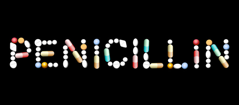 PENICILLIN written with pills, capsules, tablets. Vector illustration on black background.
