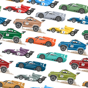 Sport speed automobile and offroad rally car colorful fast motor racing auto driver transport motorsport vector illustration seamless pattern background