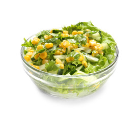 Bowl with fresh vegetable salad on white background