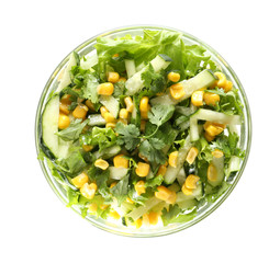 Bowl with fresh vegetable salad on white background