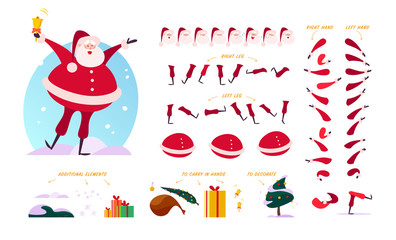 Vector Santa Claus character creator - different poses, gestures, emotions, holiday elements - snowflakes, fir tree, gift box & bag for Christmas designs, animation, web, banners isolated on white bg