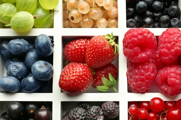 Partitioned box with delicious ripe berries, closeup