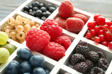 Partitioned box with delicious ripe berries, closeup