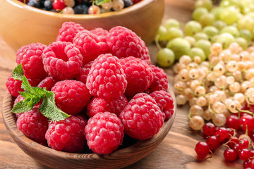 Bowl with fresh ripe raspberries on wooden table