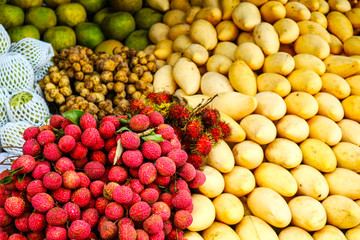 fruits on street market for tourist, mango, orange, Longkong, Longan, Lychee, Dragon fruit